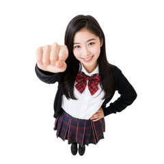 パンチのポーズで応援する制服姿の女子高生（俯瞰・切り抜き・コピースペース・白バック）