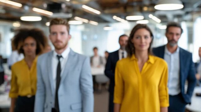 Poised Business Leaders: A determined group of diverse professionals strides confidently through a modern office, embodying the spirit of leadership and ambition. 