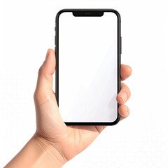 Hand holding a modern phone with a blank white screen, isolated