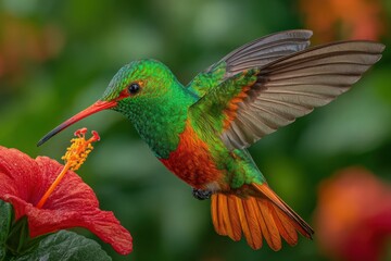 Fototapeta premium A brightly colored hummingbird hovering near a vibrant red flower