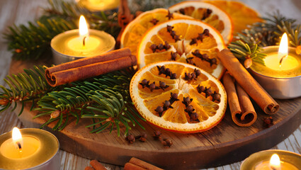 Festive Aromas: Oranges, Cinnamon, and Cloves (Close-up).