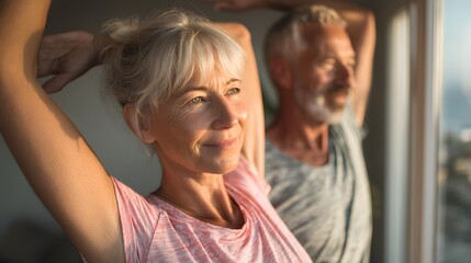 Fototapeta premium Woman and a man are doing yoga together. The woman is smiling and the man is looking at her