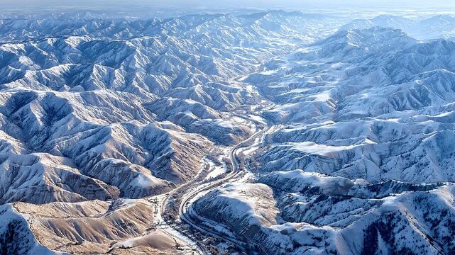 Aerial shot of a vast, rugged mountain range covered in patchy winter snow, with a winding road tracing the valley floor below. The peaks stretch to the horizon under a pale, sunny sky.