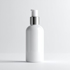 Glossy white cosmetic pump bottle on a clean, light-filled background