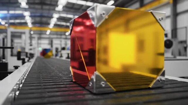Colorful metallic cube on a conveyor belt in a modern industrial manufacturing facility