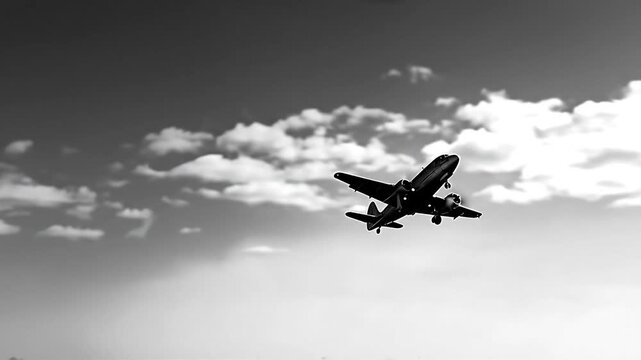 A dramatic, black and white silhouette of a vintage twin-engine propeller airplane soaring through a cloudy sky, evoking a sense of classic air travel and adventure.