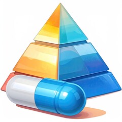 A layered pyramid split into colors with a capsule below it