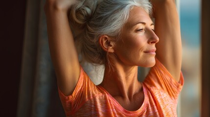 Obraz premium Woman with long gray hair is wearing an orange shirt and looking out the window. She is in a relaxed and peaceful mood