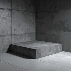 Minimalist grey concrete corner with a square platform, empty