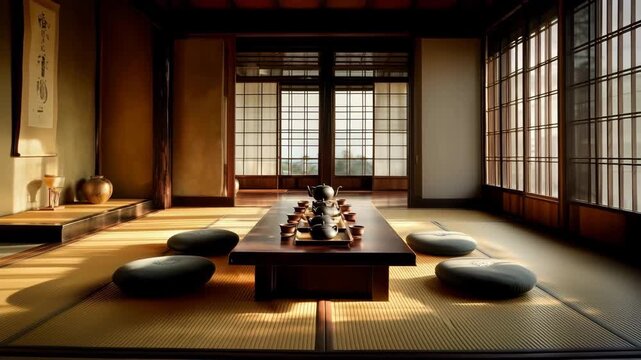 朝の光が差し込む、伝統的な和室の茶の間