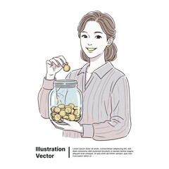 Smiling woman diligently saving coins in a glass jar, symbolizing smart financial planning and future investment