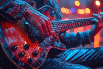 A close-up captures a musician passionately playing an electric guitar within a lively nightclub. Colorful lights and raindrops add to the dynamic atmosphere.