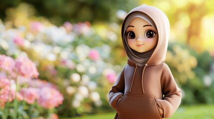 Sporty Muslim girl wearing hijab and hoodie posing in colorful garden