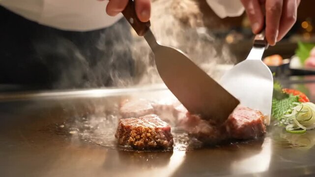 Chef skillfully flips and prepares small square-cut tender steaks on a hot iron teppanyaki grill with visible steam