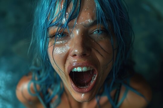 A woman with vibrant blue hair is caught in a moment of intense distress, expressing a strong emotional reaction. The image captures vulnerability and raw emotion.