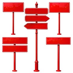 Set of red, blank signs with posts, ready for text