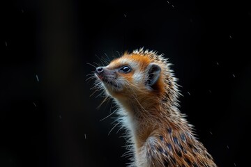 Naklejka premium Intimate portrait of a fox, featuring sharp focus on its intelligent eyes and alert ears. The dark background emphasizes the animal's features.