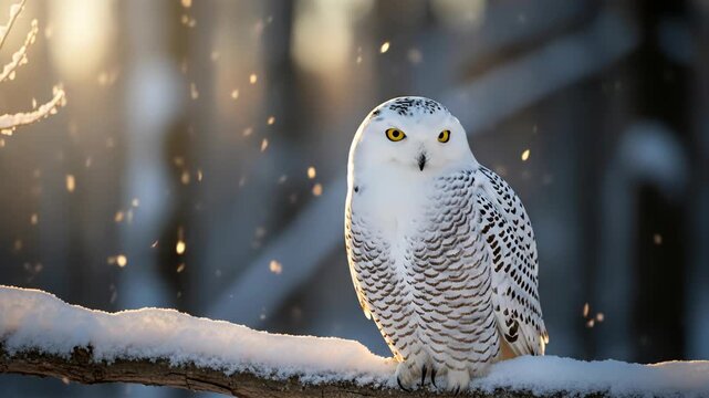 Snowy Owl Perched on Snowy Branch in Winter Wonderland.