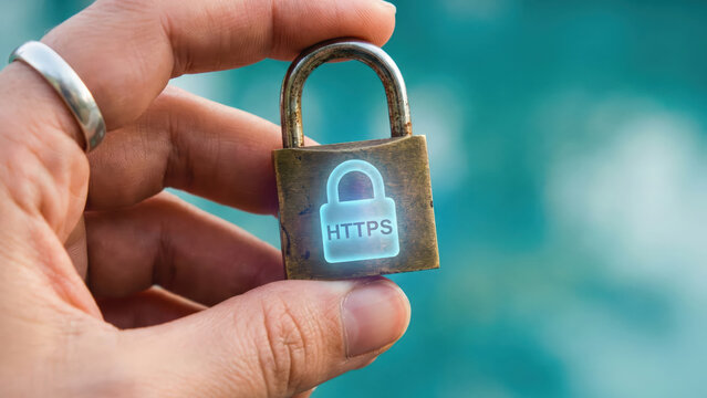 Secure brass padlock held between fingers with glowing HTTPS icon symbolizing online encryption and privacy