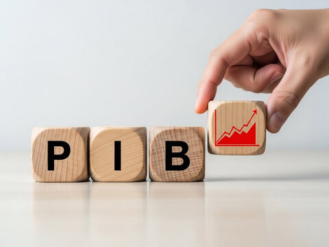 Hand placing pib block with red graph on wooden cubes on white surface