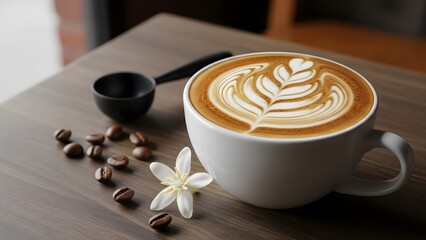 Close up of a latte art coffee with a white flower and coffee beans on wooden table