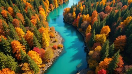 A beautiful turquoise river flows through a dense forest of vibrant autumn colors