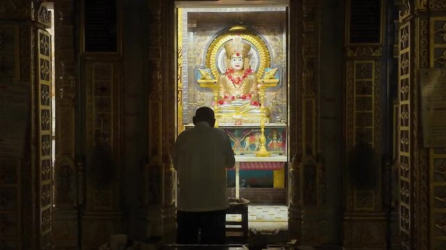 Interior of Jain Mandir with Intricate Karigari &ndash; Beautifully Carved Pillars, Sacred Tirthankar Idols, and Traditional Indian Temple Architecture Showcasing Spiritual Art and Cultural Heritage