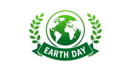 Green Earth Day celebration emblem with laurel wreath and banner