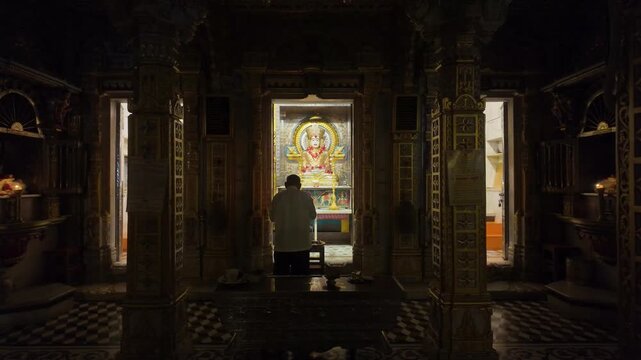 Interior of Jain Mandir with Intricate Karigari &ndash; Beautifully Carved Pillars, Sacred Tirthankar Idols, and Traditional Indian Temple Architecture Showcasing Spiritual Art and Cultural Heritage