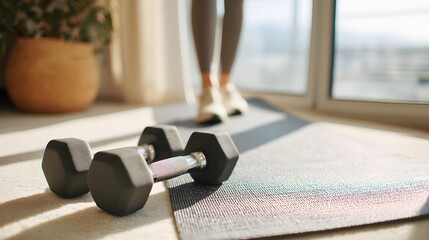 Woman is standing in front of a window with a pair of dumbbells on the floor. The dumbbells are black and silver, and they are placed on a mat. The woman is getting ready to exercise