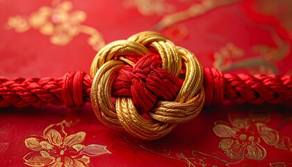 Auspicious chinese knot in red and gold, a traditional symbol of good fortune
