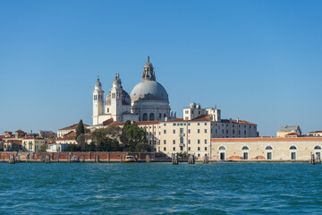 View of the Basilica di Santa Maria della Salute in Venice, Italy, seen from across the Grand Canal.