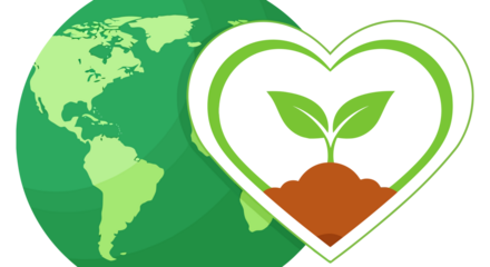 Green heart symbol with seedling growing inside, next to a stylized planet Earth.