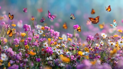 A field of colorful butterflies fluttering above wildflowers in a lively, energetic spring scene.