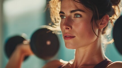 Woman is lifting weights and has a serious expression on her face. She is focused on her workout and determined to complete it
