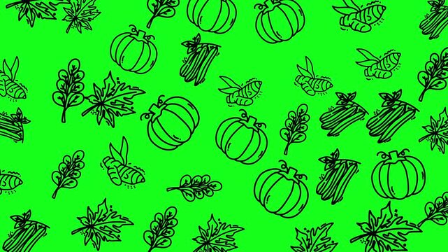 Green background with pumpkin leaf and insect outlines. Suitable for halloween or autumnthemed designs, seasonal promotions, and gardenrelated projects.