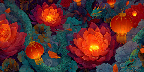 Enchanting 2025 Lunar New Year Celebration: Abstract Creative Snake Zodiac Design with Floral Motifs, Lanterns, and Red-Gold Elements. Artistic UI Background for Festive Marketing, Web Posters, and Dr
