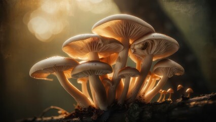 Cluster of mushrooms bathed in golden light