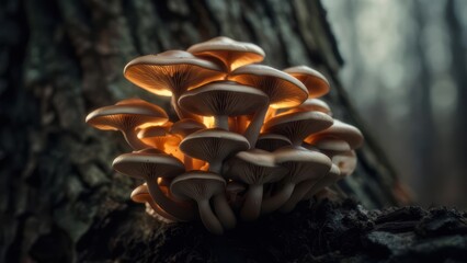 Cluster of mushrooms illuminated by soft light, growing on a tree trunk in a forest