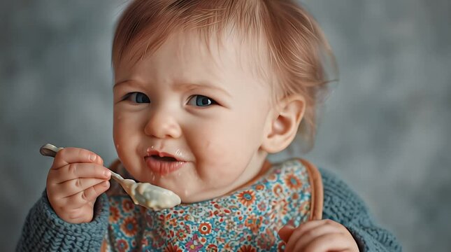 Close-up Portrait of Funny Baby Face Expression when eating.