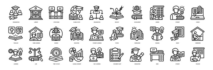 Higher Education icon collection line style. containing Student Organization, Library, Office Desk, Global Study, Organization, education, Biology, Scholarship