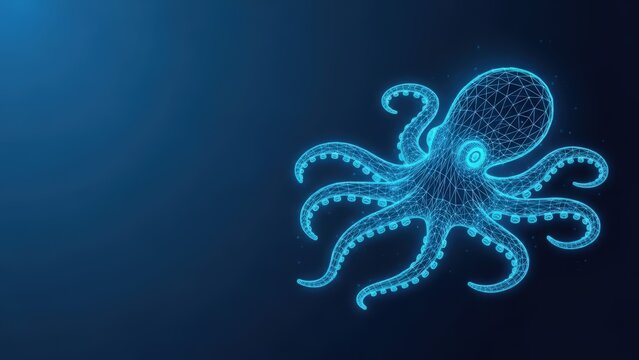 A glowing blue digital octopus rendered in a wireframe style against a dark abstract background