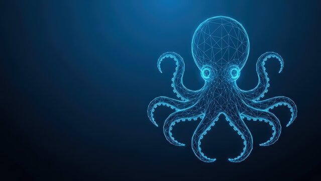 A glowing blue digital wireframe octopus with geometric lines and polygons emerges from the dark deep sea representing futuristic technology and artificial intelligence