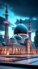 Majestic Mosque with blue domes glowing at twilight in modern city
