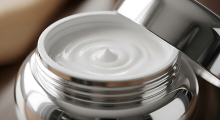 Close-up of Luxurious White Face Cream in Silver Jar.