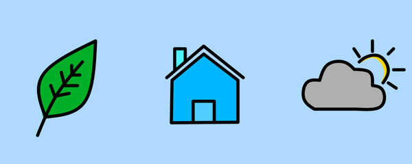 Obraz premium Simple Flat Icon Set Vector Illustration, Leaf Home and Weather Icons with Bold Outline Style