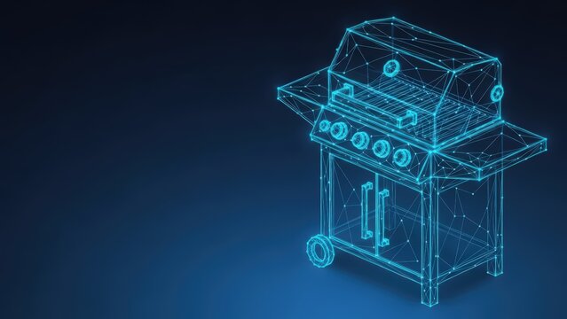 Digital rendering of a modern gas grill for outdoor cooking with wireframe mesh design