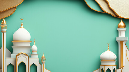 Elegant Islamic banner background featuring mosque with golden domes and minarets on green