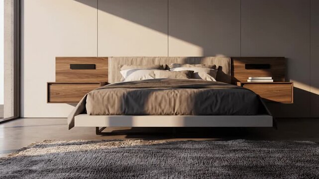 Minimalist bedroom with low bed, warm lighting, wood nightstands, plush rug, airy window. Soft mood.'