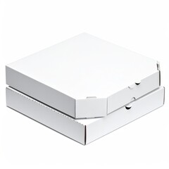 Two stacked, closed white pizza boxes isolated on a bright backdrop